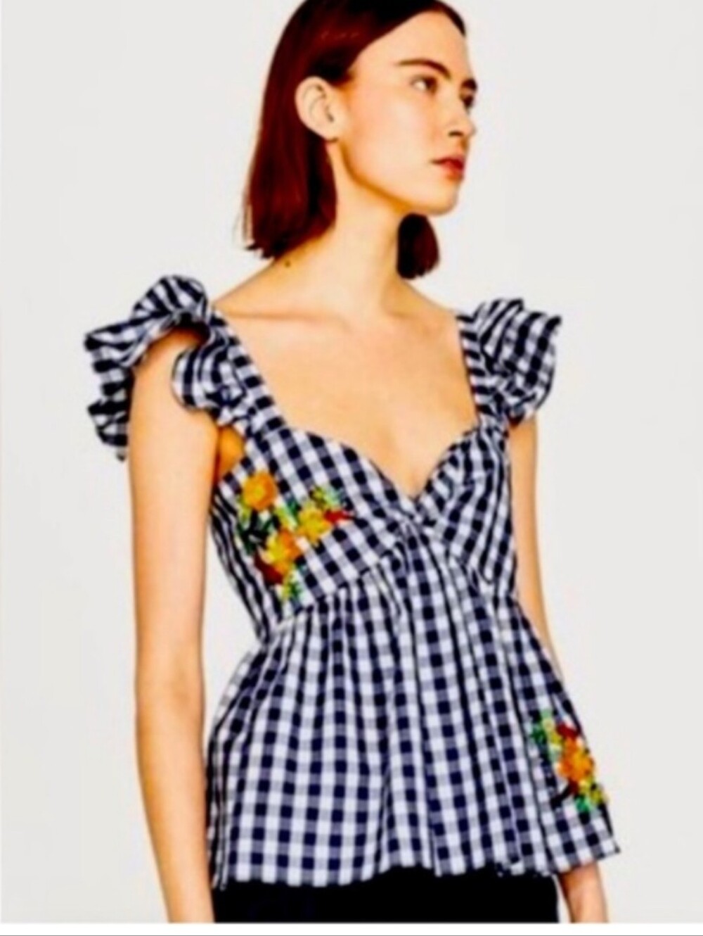 Zara Women’s Navy Gingham Ruffle Strap Top with Floral Embroidery